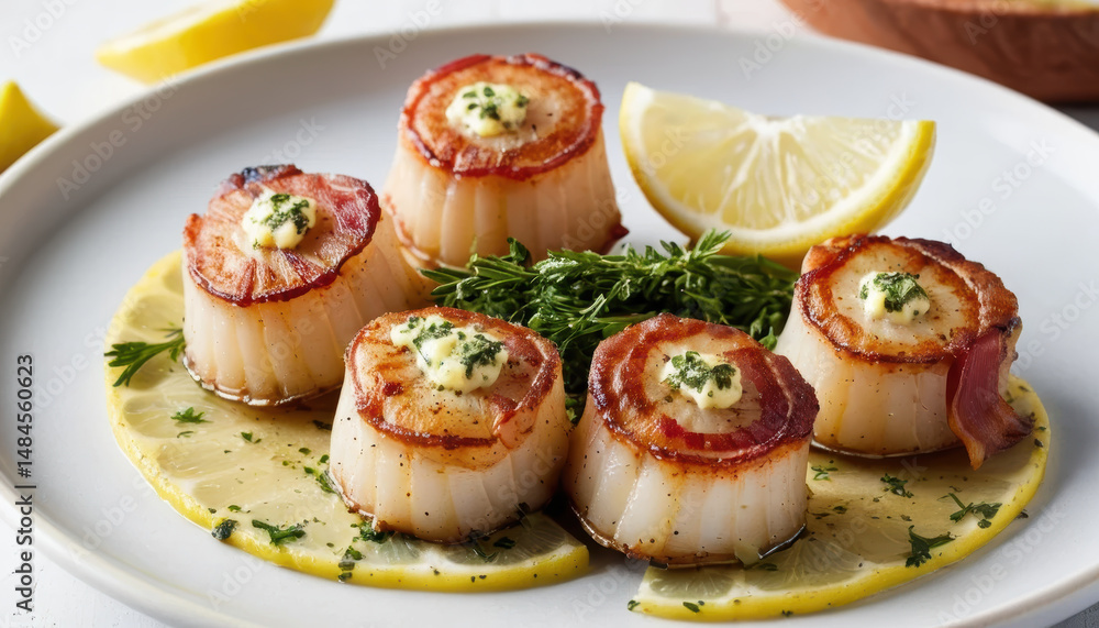 Seafood scallops served with lemon slices, bacon, and herbs on white plate, garnished with fresh parsley and thyme, creating appetizing and elegant dish perfect for gourmet meal Seafood scallops served with lemon slices, bacon, and herbs on white plate, garnished with fresh parsley and thyme, creating appetizing and elegant dish perfect for gourmet meal