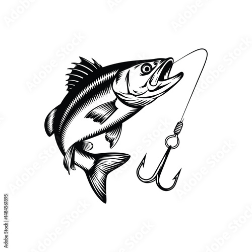 Black and white graphic illustration of a fish with a fishing hook on a white background