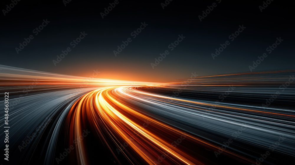 A blurry image of a highway with orange and blue streaks A blurry image of a highway with orange and blue streaks