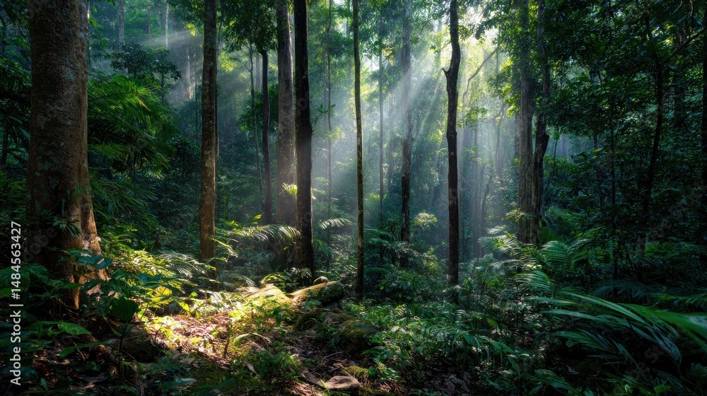 Fototapeta premium Lush rainforest sunlight filtering through dense canopy