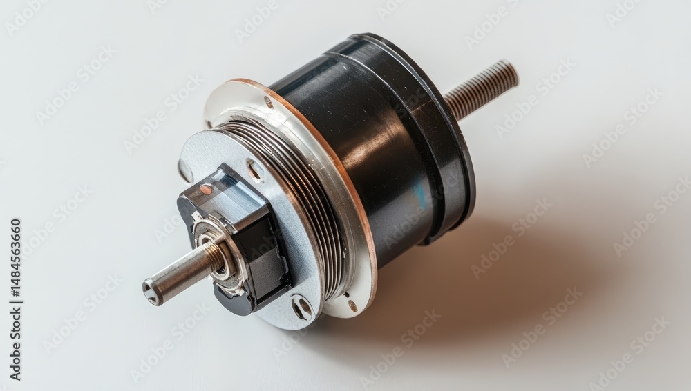 Precision engineering component. A complex mechanical device with metal and plastic parts Precision engineering component. A complex mechanical device with metal and plastic parts