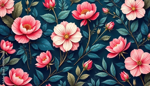 Intricate floral pattern, delicate blooms and leaves Perfect for textile design, wallpaper, or background , beautiful flowers, floral art