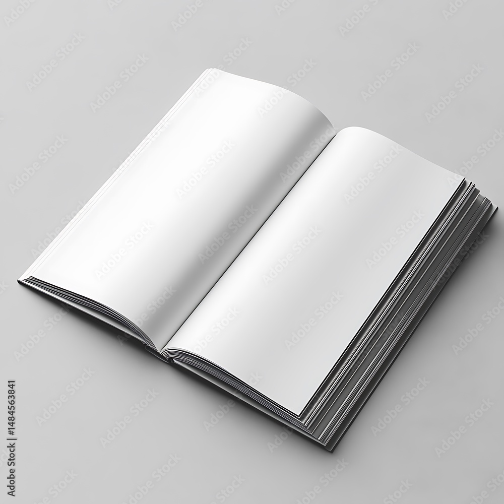 A blank opened magazine lays open on a light grey surface A blank opened magazine lays open on a light grey surface