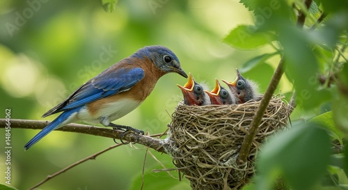 Bluebird feeding baby birds in nest wildlife photography nature avian family parenting animal care
