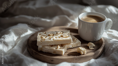 Nutty Nougat and Coffee Still Life in Soft Pastel Tones on Rustic Plate with Airy White Backdrop and Moody Natural Light.
