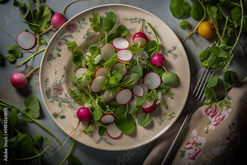 Spring Garden Salad with Radishes Pea Shoots and Chive Blossoms in a Soft Pastel Kitchen Garden Setting