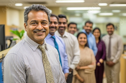 Smiling Indian corporate team, middle-aged male team leader discussing teamwork and success strategies with busy but happy colleagues in a well-lit modern office