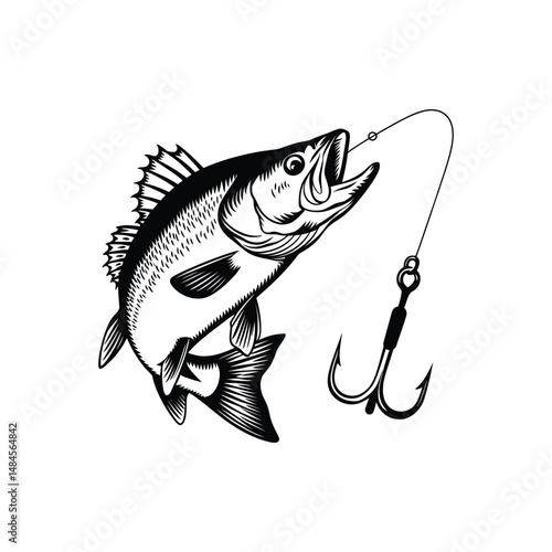Illustration of a fish caught on a fishing hook isolated on a white background
