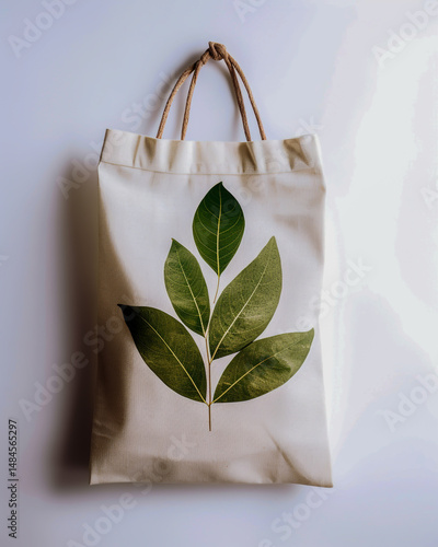 International No Plastic Bag Day cotton tote floating weightlessly surrounded by eucalyptus maple leaves pure white negative space minimal serene editorial design.
