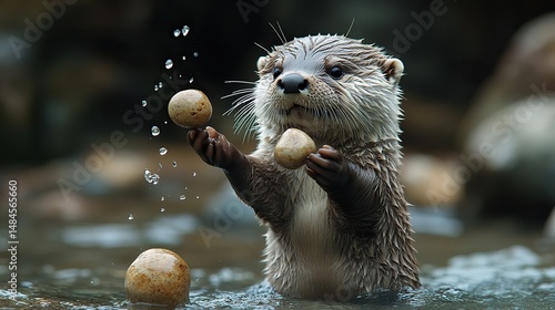 A playful otter skillfully juggling smooth, round rocks in the clear water, showcasing its dexterity and intelligence