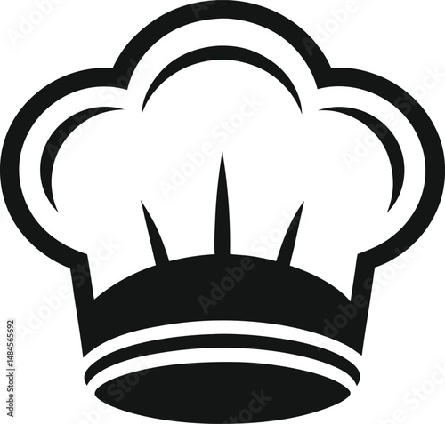 Black and white chef hat icon with pleated top and striped base. Ideal for culinary branding, food apps, and kitchen-themed designs.
