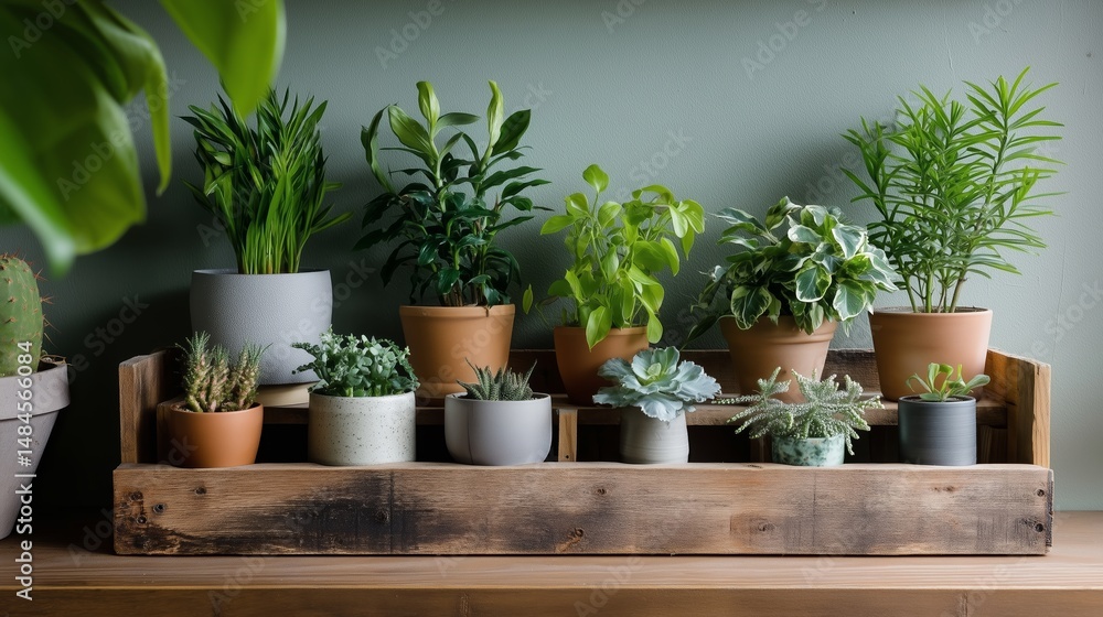 Fresh indoor plants arranged on a wooden shelf in a cozy living space during daylight hours