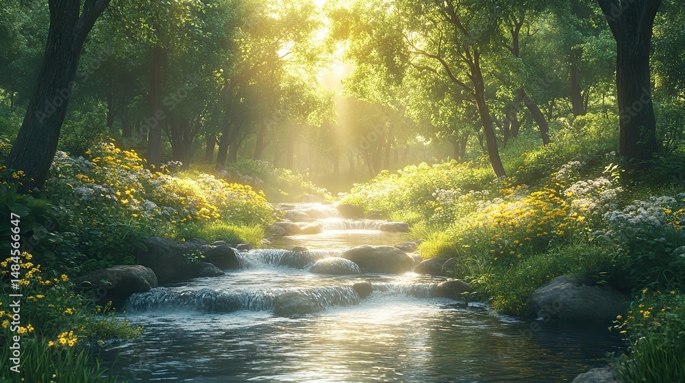 Obraz premium A quiet stream meanders through a lush green valley, its gentle murmur creating a peaceful and relaxing atmosphere