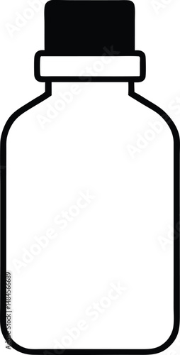 Black and white outline of a bottle with a black cap. Minimalist, ambiguous design suitable for generic packaging, product mockups, or icon use.