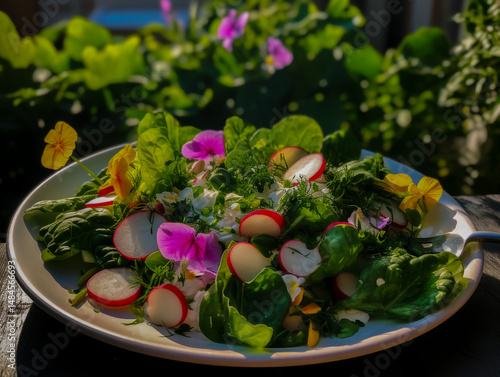 Vibrant vegan spring salad with fresh greens pink radish slices dill mint and lemon zest served on white linen table in blooming garden bathed in warm golden hour sunlight.