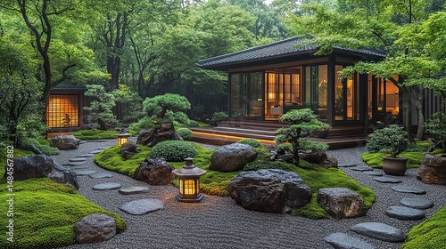 A serene Japanese garden with meticulously raked gravel, moss-covered lanterns, and carefully pruned bonsai trees