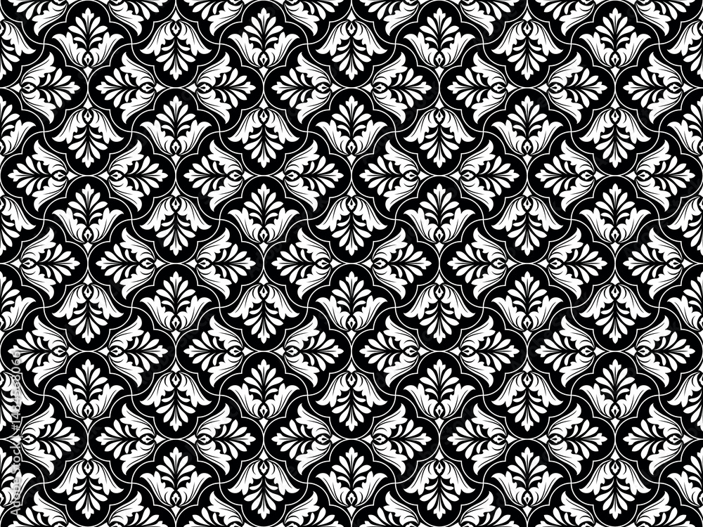 Flower geometric pattern. Seamless vector background. White and black ornament. Flower geometric pattern. Seamless vector background. White and black ornament.