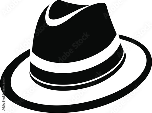 Stylized black fedora hat with white band, featuring a pinched crown and wide brim. Flat silhouette design on white background, perfect for icons, apparel graphics, or retro fashion themes.