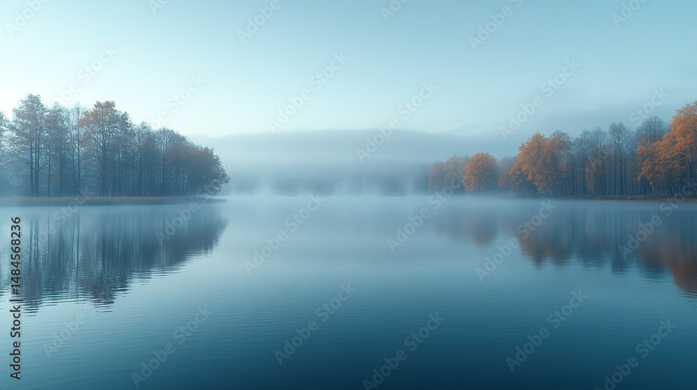 Obraz premium A serene lake at dawn with mist rising from the water's surface, creating an ethereal and mysterious atmosphere
