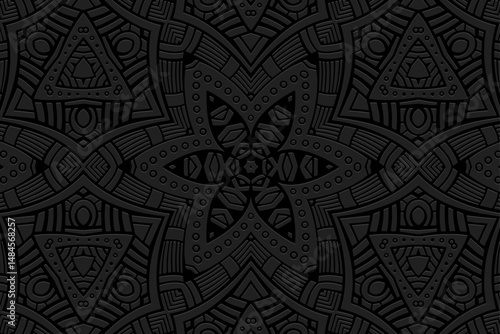Geometric black background, tribal cover design, banner for design. Ethnic original 3D pattern, boho style. Relief ornaments, arabesques, mandala. Motives of the East, Asia, India, Mexico, Aztec, Peru