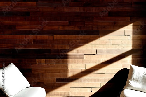 Wooden Wall Interior with Sunlight and White Pillows Aesthetic Decor