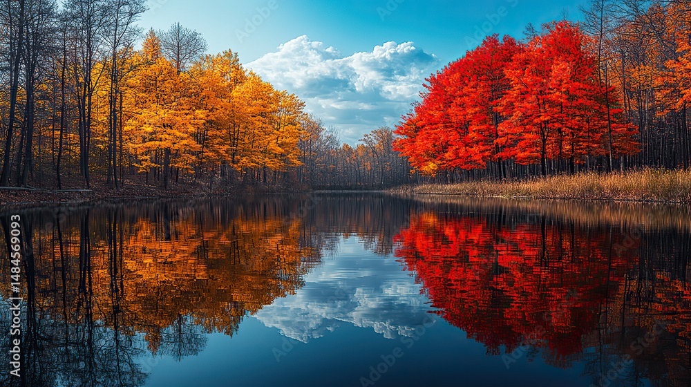 Obraz premium A serene lake surrounded by autumn foliage in vibrant shades of red, orange, and yellow reflects the colorful trees on its still surface, creating a picturesque scene of seasonal beauty