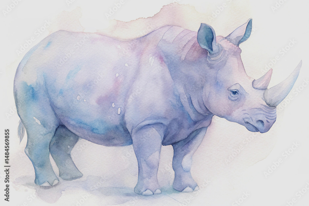 Obraz premium Delicate watercolor illustration of a majestic rhino in soft pastel blue and purple tones