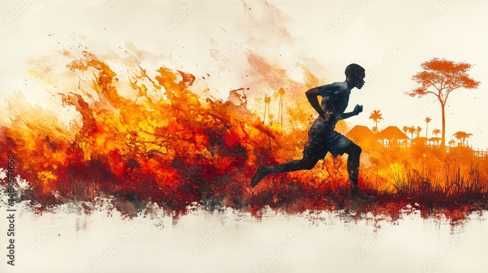 Naklejka premium A runner escapes a burning landscape