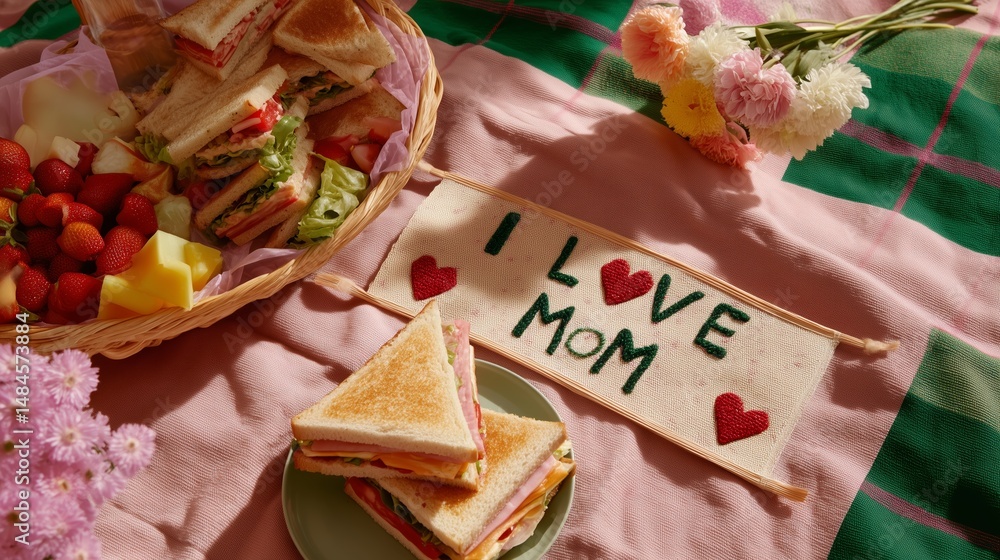 Picnic celebration with sandwiches and flowers in a garden setting showcasing love for mom