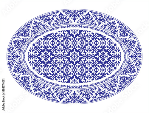 Oval Ceramic plate. Ethnic decorative element. Islamic, Arabic, Indian, ottoman motif. Vintage ethnic oval frame Pattern for oval surface, household utensil, embroider