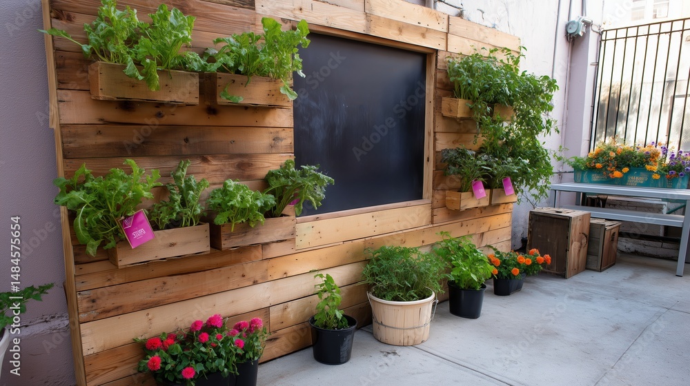 Vertical garden installation with wooden planters showcasing greenery and flowers in a sunny urban patio setting