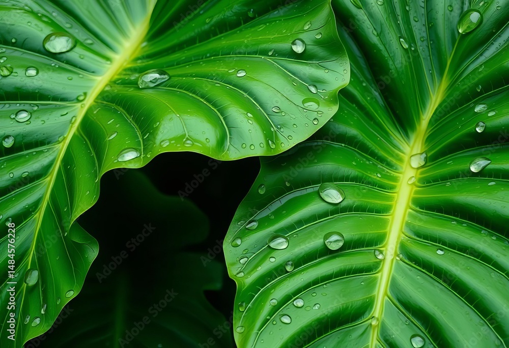 Fototapeta premium Large green elephant ear leaves glistening with raindrops, lush, water droplets