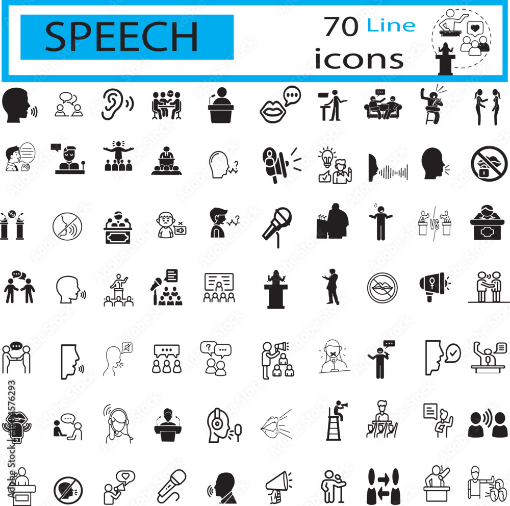 Obraz premium A customizable outline icon set focused on speaking and communication. Includes icons representing dialogue, people, community interaction, conversations, training sessions, meetings, and voice-relate