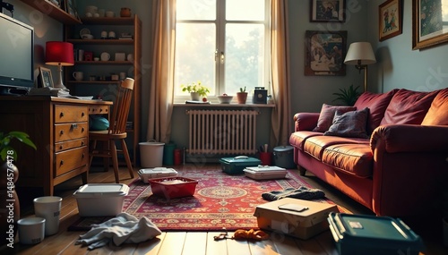 A messy bachelor pad apartment, clothes strewn on the floor, takeout containers on the table ,  residence, apartment