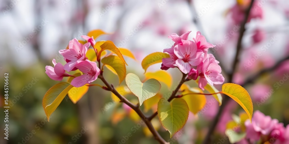 Fototapeta premium Isolated redbud tree, heart-shaped leaves, vibrant pink blossoms, spring renewal, petals, woodland