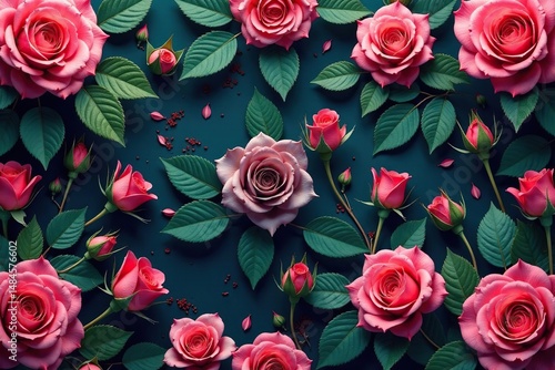 Intricate blooming roses, lush leaves repeat seamlessly , pink, vintage, garden