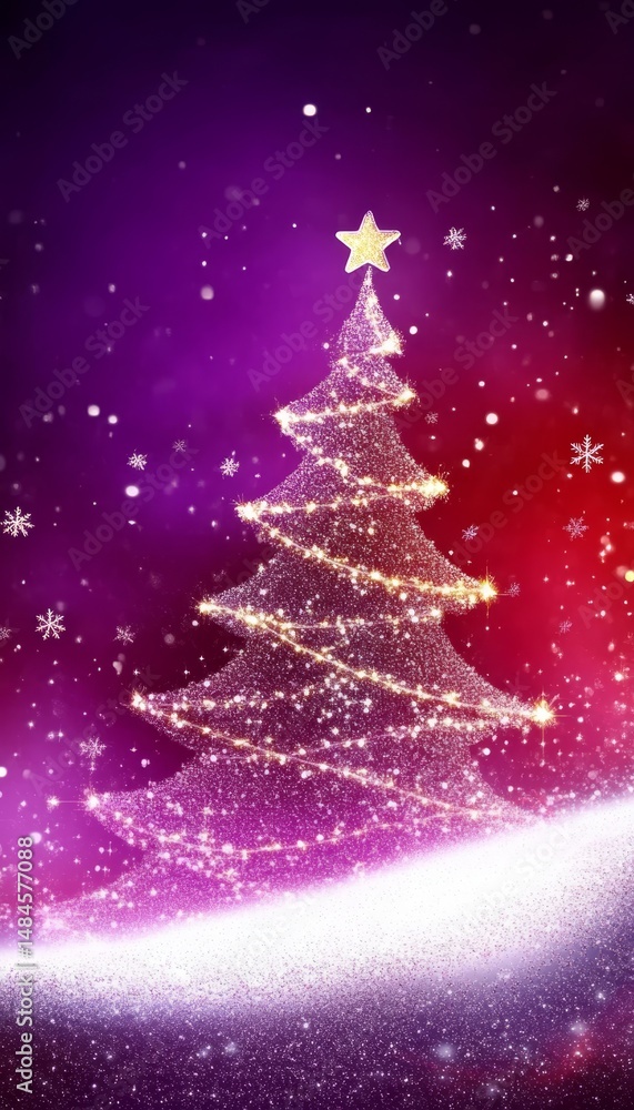 Sparkling Purple Christmas Tree on a Festive Background with Copy Space for Holiday Greetings Sparkling Purple Christmas Tree on a Festive Background with Copy Space for Holiday Greetings
