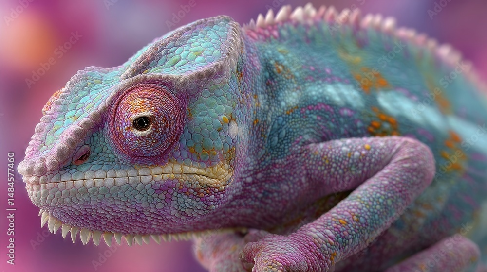 Obraz premium Vivid Chameleon Colorful Reptile Blending Seamlessly with a Vibrant, Textured Backdrop.