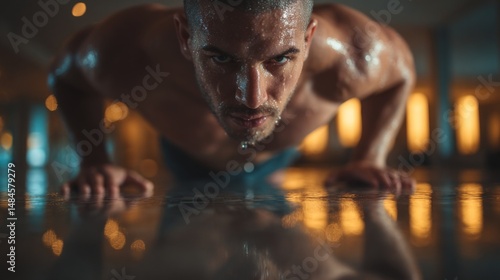 Intense hiit workout man performing burpees in gym fitness training for hardcore cardio exercise reflection