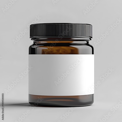 A Brown Glass Jar with a Black Lid and a White Label