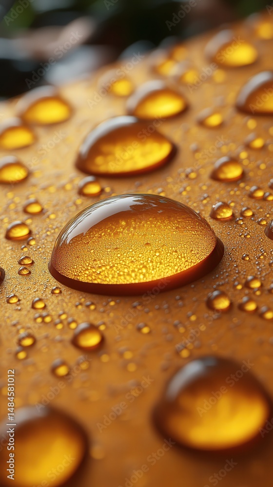 Golden Raindrops: Macro view of perfect water droplets glistening with a golden hue, a symbol of purity, clarity, and the beauty of nature's transient moments. Golden Raindrops: Macro view of perfect water droplets glistening with a golden hue, a symbol of purity, clarity, and the beauty of nature's transient moments.