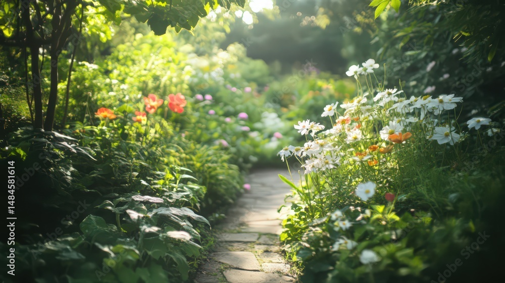 Fototapeta premium Garden of Cascading Flowers and Vines in a Botanical Setting with Lush Green Pathway and Sunlight