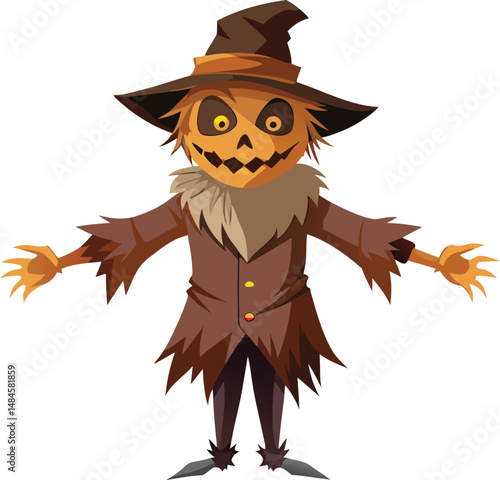 Halloween Scarecrow: A spooky yet friendly scarecrow with a wide toothy grin, a brown coat and a pointy hat, stands with arms outstretched in a welcoming pose.