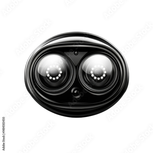 A futuristic robot face stares intensely eyes glowing with curiosity and on transparent background