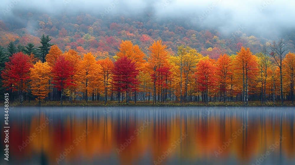 Obraz premium A vibrant display of autumn foliage, with trees in various shades of red, orange, and yellow reflected in the still waters of a lake, capturing the beauty of the changing seasons