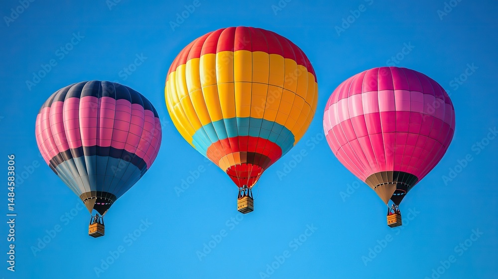 Obraz premium A vibrant display of colorful hot air balloons floating gently in a clear blue sky, creating a cheerful and festive scene