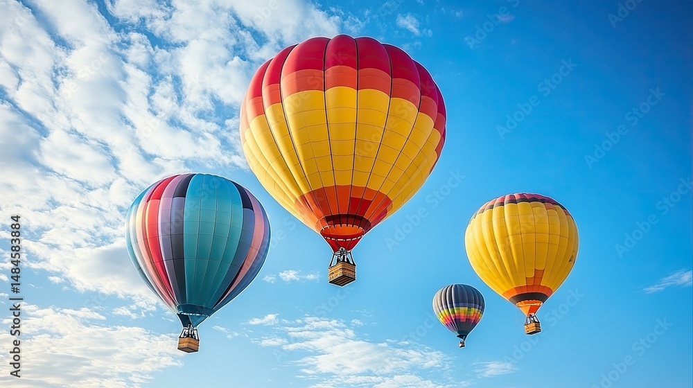 Obraz premium A vibrant display of colorful hot air balloons floating gently in a clear blue sky, creating a cheerful and festive scene