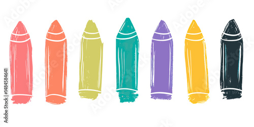 Set of seven colorful crayon strokes with hand drawn rough texture in orange yellow green blue purple and black colors on white background vector illustration