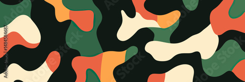Seamless abstract camouflage pattern with dark green, orange, beige, and black irregular shapes for fabric and background design vector illustration