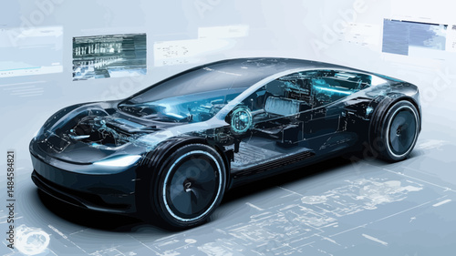 Futuristic electric sports car transparent 3d model with visible internal components battery motor and digital interface in modern technology environment